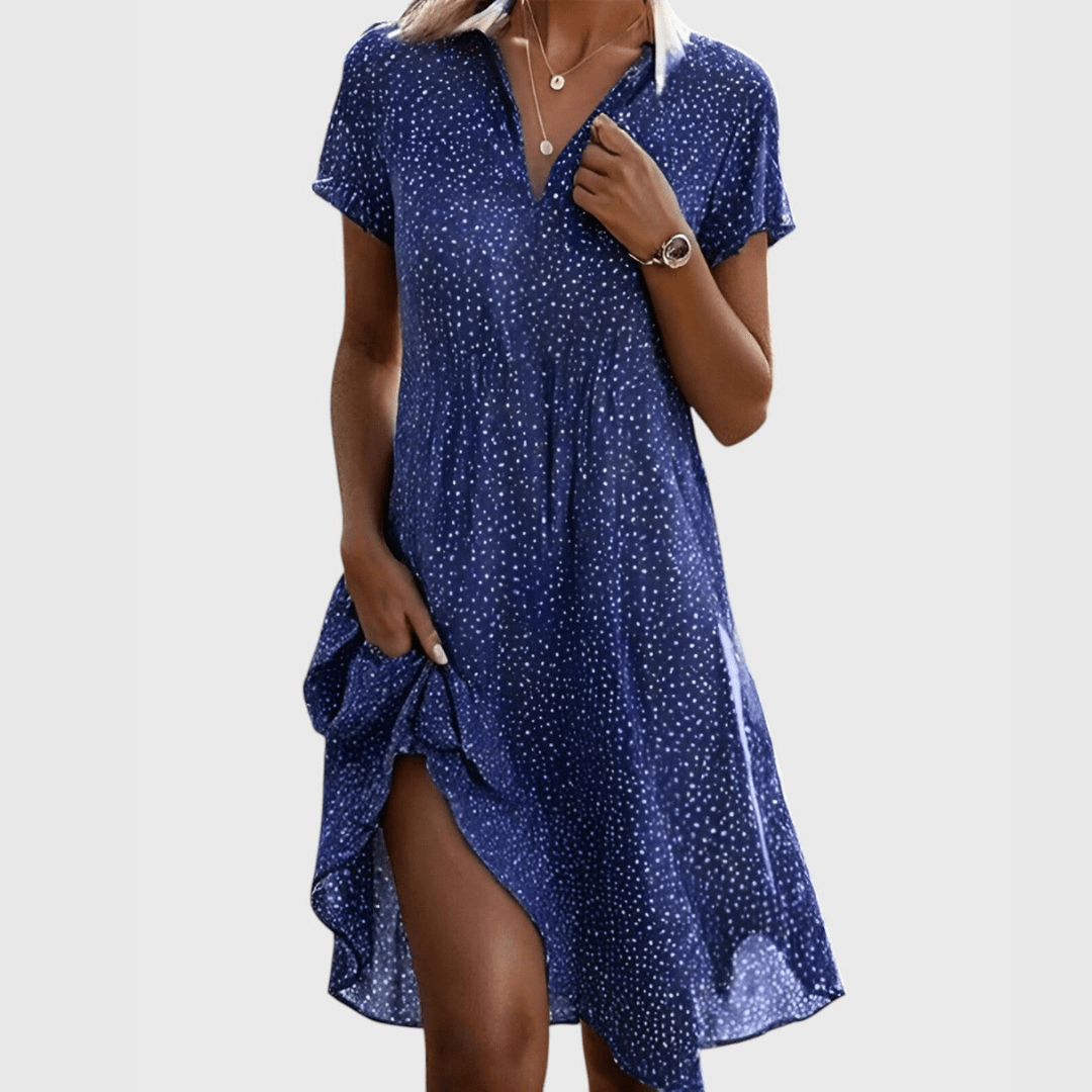 Womens lightweight breathable summer dress featuring a V-neck and loose-fit silhouette, perfect for warm weather outings and casual occasions. 0